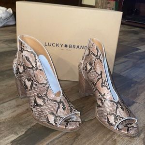 Lucky Brand open toe snake print booties